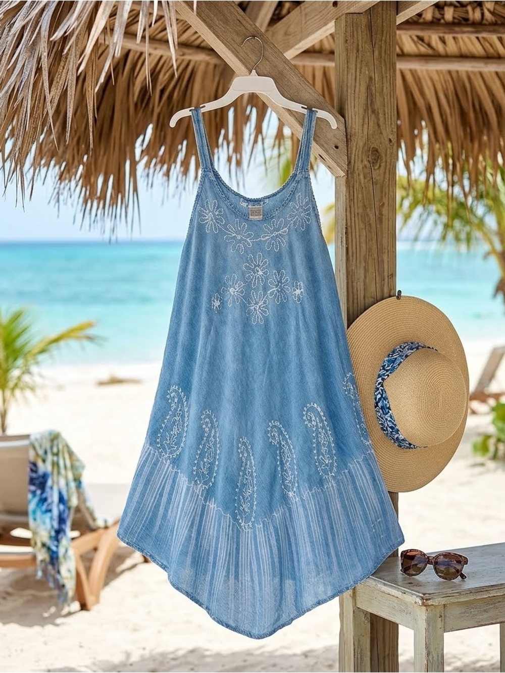 Cute Options Embroidered Boho Rayon Sundress Tie-Dye Border OS Coastal Cowgirl